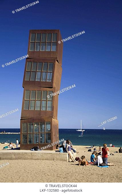 Spain Barcelona, beach, Platja de la Barceloneta, people, Sculpture by Rebecca Horn, girls sunbathing