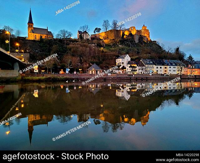 Castle ruins, Protestant church and lower town of Staden, Saarburg, Saar Valley, Rhineland-Palatinate, Germany