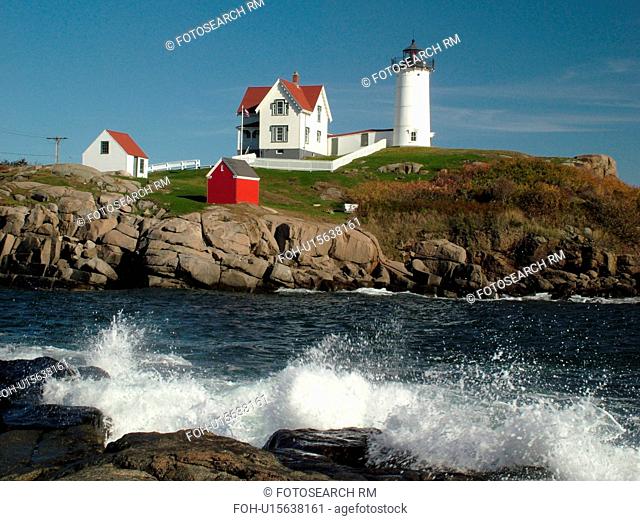 York Beach, ME, Maine, Cape Neddick Nubble Light, Lighthouse, waves crashing along the rocky coastline