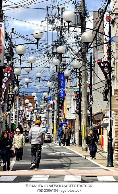 full of cables and street lamps street of Fushimi-ku, ward of Kyoto, Kansai Region, Japan