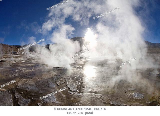 The hot springs steam most at sunrise, El Tatio Geyser Field, Región de Antofagasta, Chile, South America