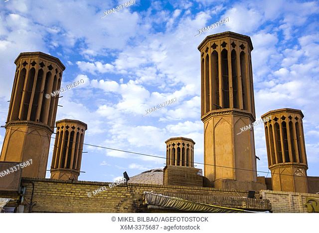 Windtowers or badgirs (traditional architectural element to create natural ventilation). Yazd, Iran, Asia