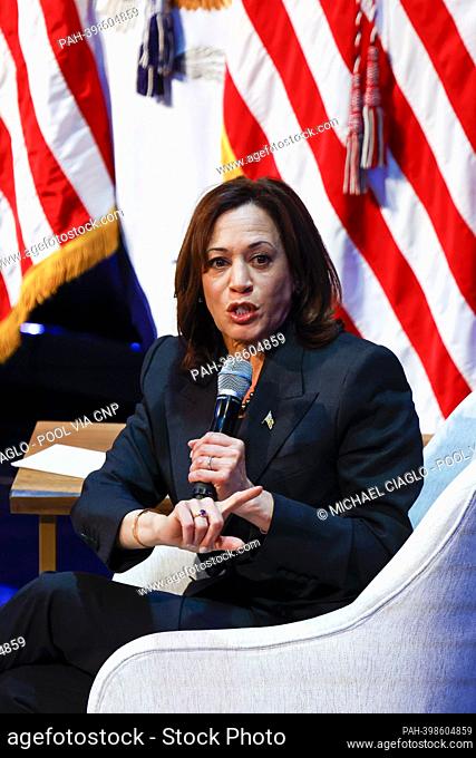 United States Vice President Kamala Harris speaks at the Arvada Center for Performing Arts in Denver, Colorado, US, on Monday, March 6, 2023