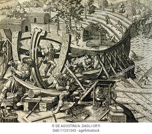 Spanish seamen building a caravel, engraving from the Historia Americae, by Theodor de Bry (1528-1598), 1602. 17th century