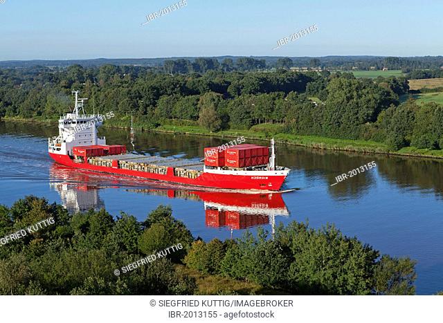 Container ship on the Kiel Canal near Schafstedt, Schleswig-Holstein, Germany, Europe