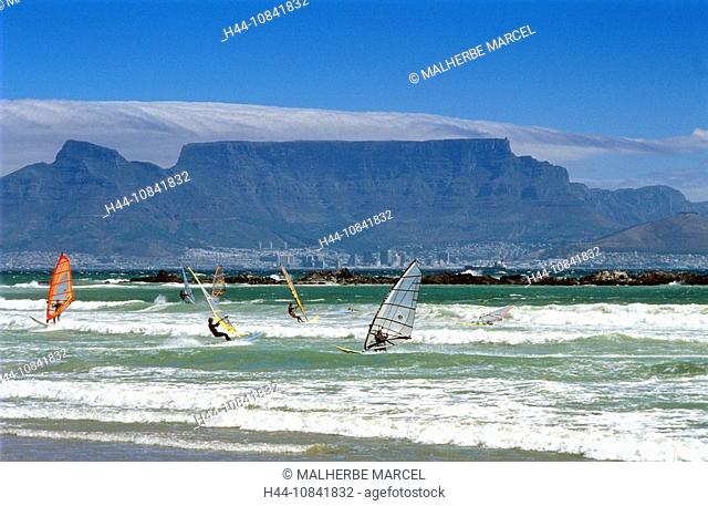 South Africa, Cape Town, view, Capetown, Table Mountain, from surfers' beach, Blouberg beach, African, coast, sea, sur