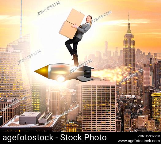 The woman flying rocket and delivering boxes