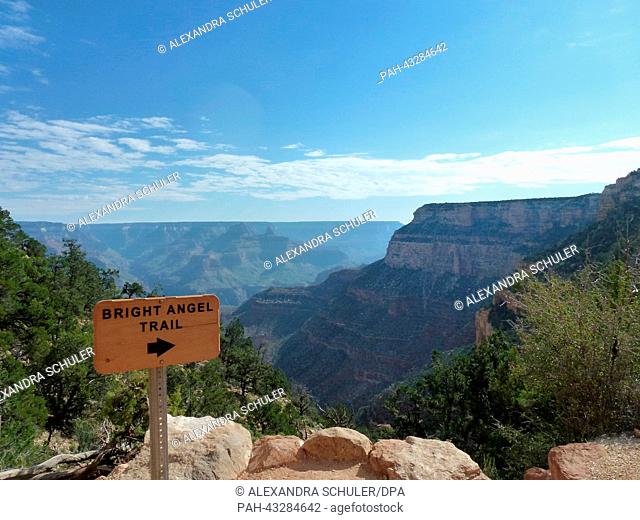 View of a 'Bright Angel Trail' signpost at Grand Canyon from the South Rim, USA, 06 September 2013. On 11 January 1908 the area around the Grand Canyon was...