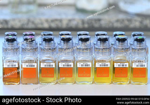 21 September 2020, Saxony, Kreischa: Urine samples from athletes are placed on a table in the doping control laboratory at the Institute for Doping Analysis and...