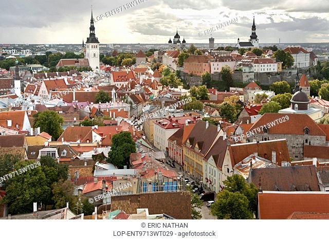 Estonia, Harju, Tallinn. A view over the rooftops of the old town of Tallinn
