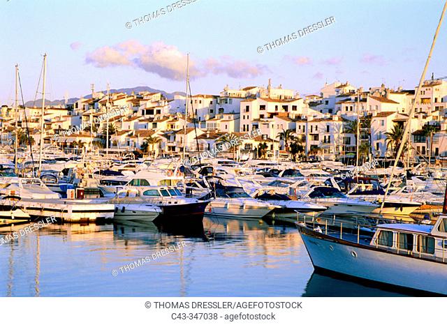 Exclusive yacht harbour of Puerto Banús near the town of Marbella at the Costa del Sol. Málaga province, Andalusia, Spain