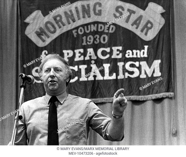 Arthur Scargill (b 1938), miners' leader and trade unionist. Seen here giving a speech in front of a banner: Morning Star, founded 1930 for Peace and Socialism