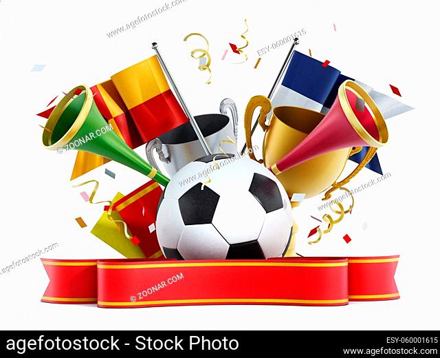 Soccer ball, flags, red ribbon and trumpets. 3D illustration