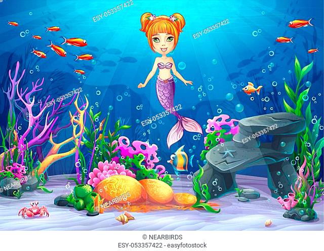 Vector cartoon illustration underwater world with funny character mermaid  surrounded coral, reef, Stock Vector, Vector And Low Budget Royalty Free  Image. Pic. ESY-053357422 | agefotostock