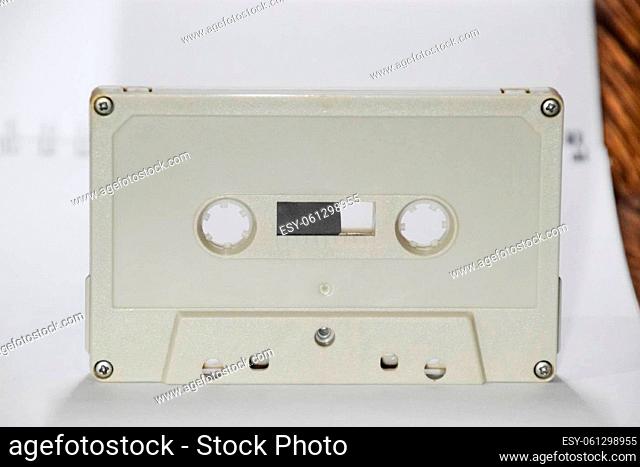 Audio cassette. Retro music medium, compact cassette for tape recorder