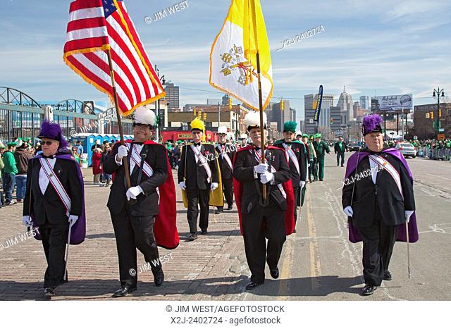 Detroit, Michigan - St. Patrick's Day is celebrated with a parade on the Sunday before March 17. Members of the Knights of Columbus march in the parade