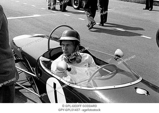 Jim Clark in Lotus 18 Formula 2 car - roll-over bar behind his head mandatory - not so for the Formula 1 Lotus 18s in 1960