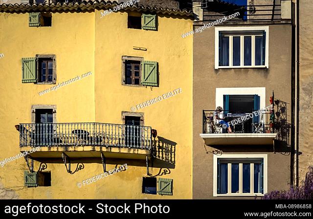Facades and balconies in spring in Roquebrun