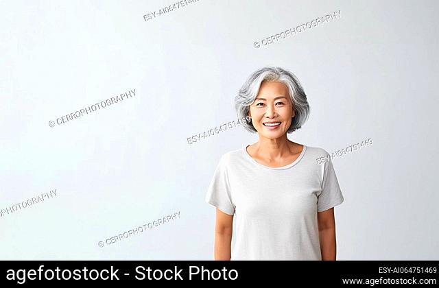 Elderly Asian woman isolated on white copy space. Stylish confident adult 50 years old Asian females looking at camera at gray background