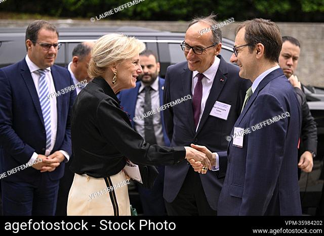 Princess Astrid of Belgium, UCB CEO Jean Christophe Tellier and UCB's Emmanuel Caeymaex pictured during a visit to the headquarters of the UCB pharmaceutical...