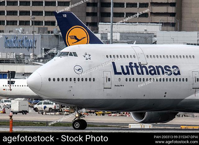 13 March 2020, Hessen, Frankfurt/Main: A Boeing 747 of Lufthansa is taxiing to its starting position at Frankfurt Airport