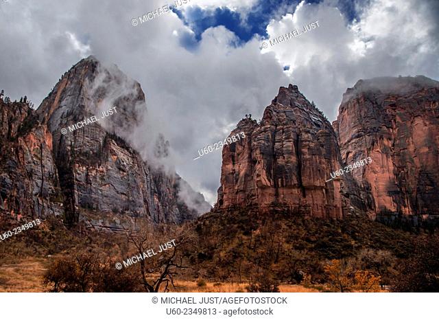 A passing storm deposits fog into Zion Canyon at Zion National Park, Utah