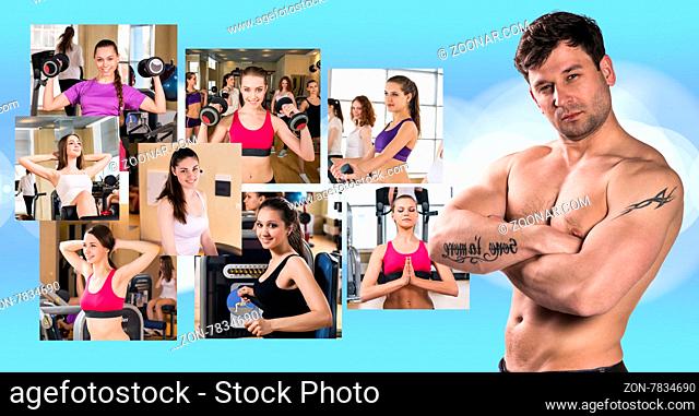 Collage of pretty girls and young guy over white background