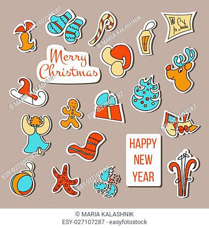 Cute Christmas stickers set. Christmas poster or decoration. Xmas icons with gift, mittens, deer, bell, toy, gingerbread, candy cane, snowman, snowflake