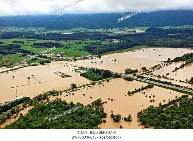 highway A8 at lake Chiemsee flooded bei river Tiroler Achen in June 2013, Germany, Bavaria