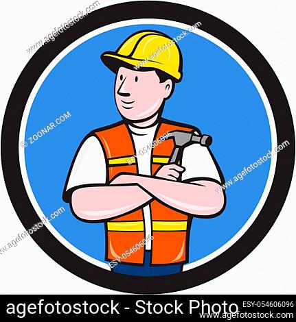 Illustration of a builder carpenter construction worker arms folded holding hammer looking to the side set inside circle on isolated background done in cartoon...