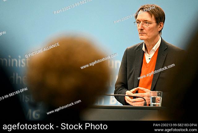 13 February 2023, Berlin: Karl Lauterbach (SPD), Federal Minister of Health, comments in his ministry on the recommendations of a commission to reform emergency...
