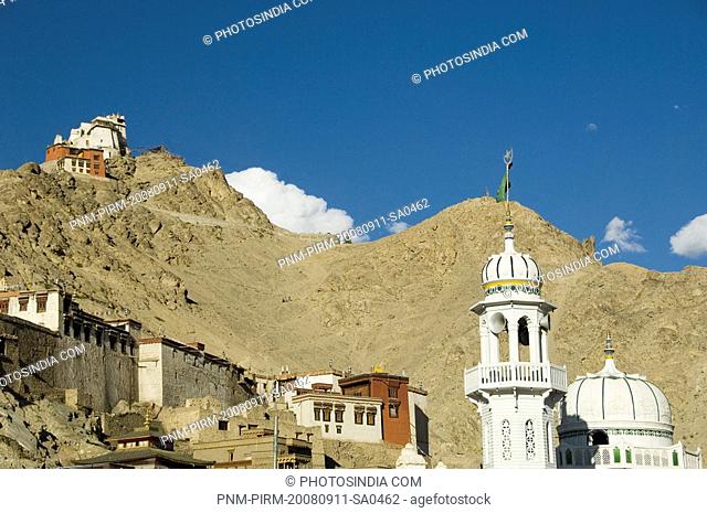 Mosque in a town with a fort and gompa in the background, Jami Masjid Mosque, Victory Fort, Namgyal Tsemo Gompa, Leh, Ladakh, Jammu and Kashmir, India
