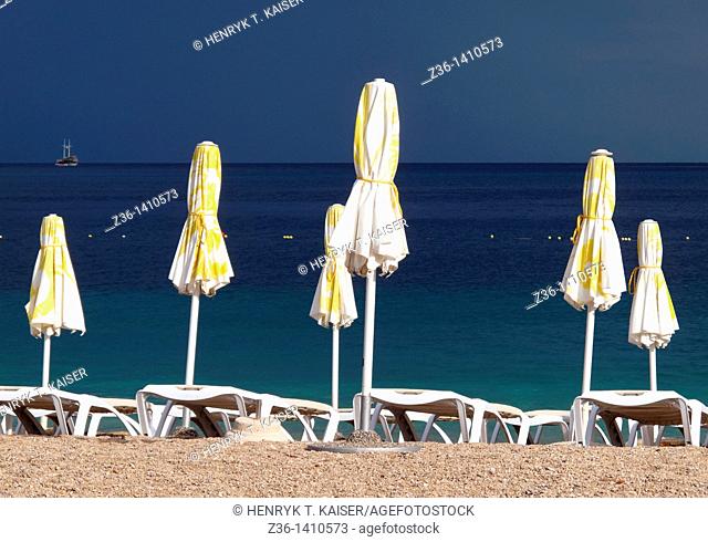 Umbrellas at Croatia's most famous beach The Golden Horn Zlatni Rat near Bol on the Island of Brac, Croatia