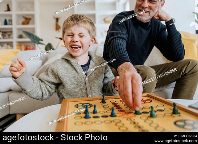 Cheerful son playing ludo game with father at home