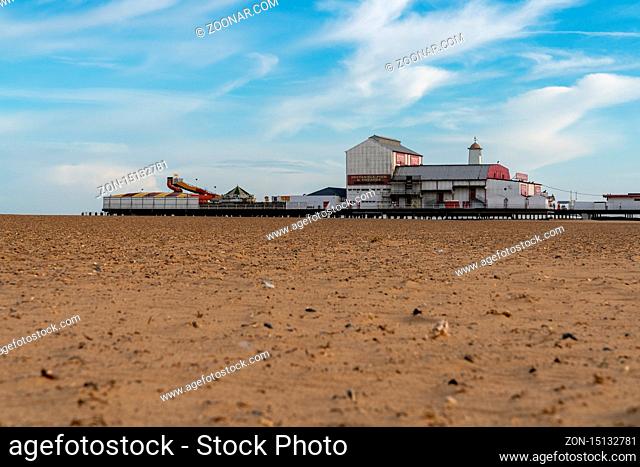 Great Yarmouth, Norfolk, England, UK - April 04, 2018: Great Yarmouth beach and the Britannia Pier Theatre
