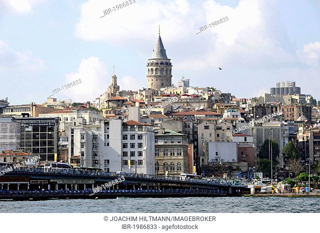 View of Galata Tower or Galata Kulesi, and Galata Bridge or Galata Koepruesue, Beyoglu district, Golden Horn, Halic, Bosphorus, Bogazici, Istanbul, Turkey