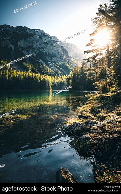 Green Lake in Austria Styria during Sunset in Spring - beautiful mountain lake in the alps with a great reflection