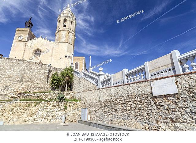 Church of Sant Bartomeu and Santa Tecla, baroque style, in catalan village of Sitges, province Barcelona, Catalonia, Spain