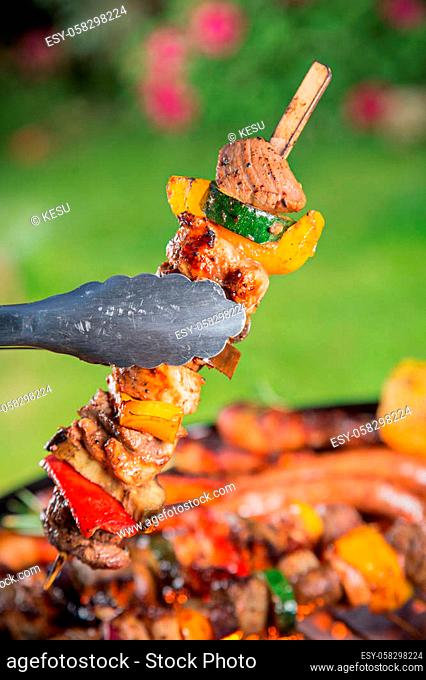 Barbecue garden grill with tasty skewers, close-up