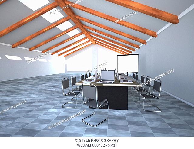 Meeting room with notebooks and flipchart, 3D Rendering
