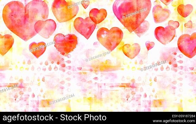 A frame with hand drawn watercolor hearts, a romantic texture and copy space, a greeting or Valentine's Day card design template