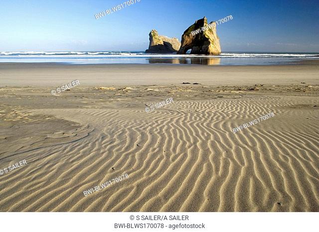 Rocky Islands, white sand dunes and by powerful surf sculpted rock islands with caves and arches at Wharariki beach, New Zealand, Southern Island, Golden Bay