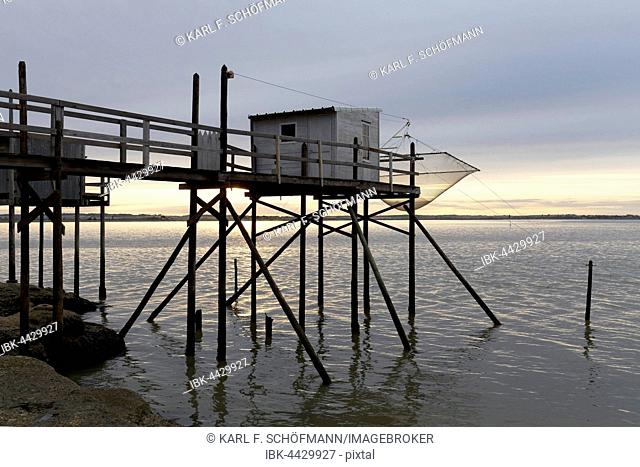 Traditional fishing huts built on stilts on the Gironde, fishing nets, Meschers-sur-Gironde, Cote de Beaute, Charente-Maritime, France