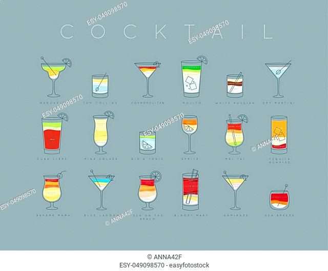 Poster flat cocktails menu with glass, recipes and names of cocktails drinks drawing horisontal on grayish blue background