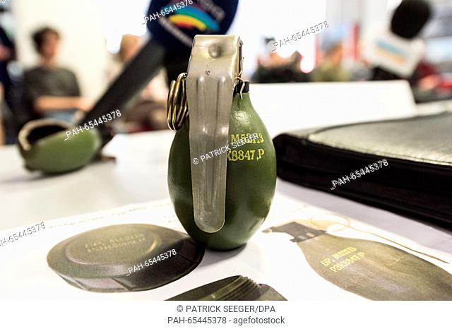 A model of the M52 hand grenade from the former Yugoslavia will be shown during a press conference in Villingen-Schwenningen, Germany, 29 January 2016