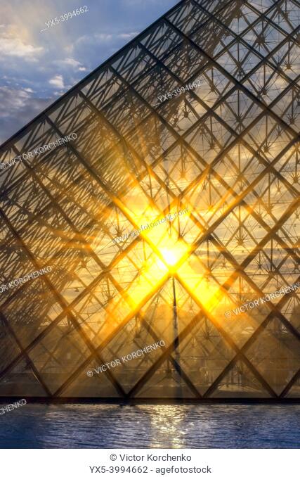 Louvre Pyramid at sunset