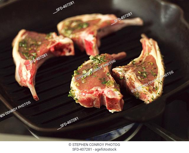 Four raw, marinated lamb chops in a grill pan