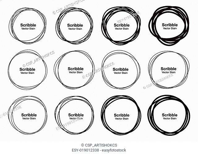 Set of 12 Hand Drawn Scribble Circles, vector logo design elements