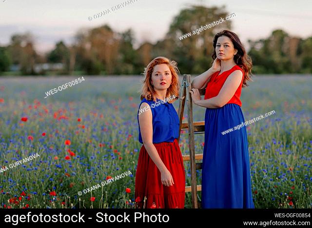 Woman with hand in hair standing on ladder by female friend in poppy field