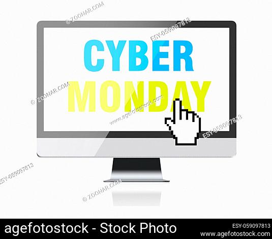 Cyber Monday - text on computer screen, isolated on white background